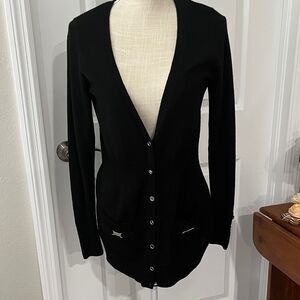 White House Black Market Black V-Neck Cardigan Silver Details